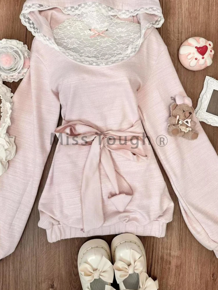 Autumn Sweet Loose Long Sleeve Hooded Dress Women Design Cute Lace Lace Up Thin Dresses Female Japanese Pretty Solid Dress New