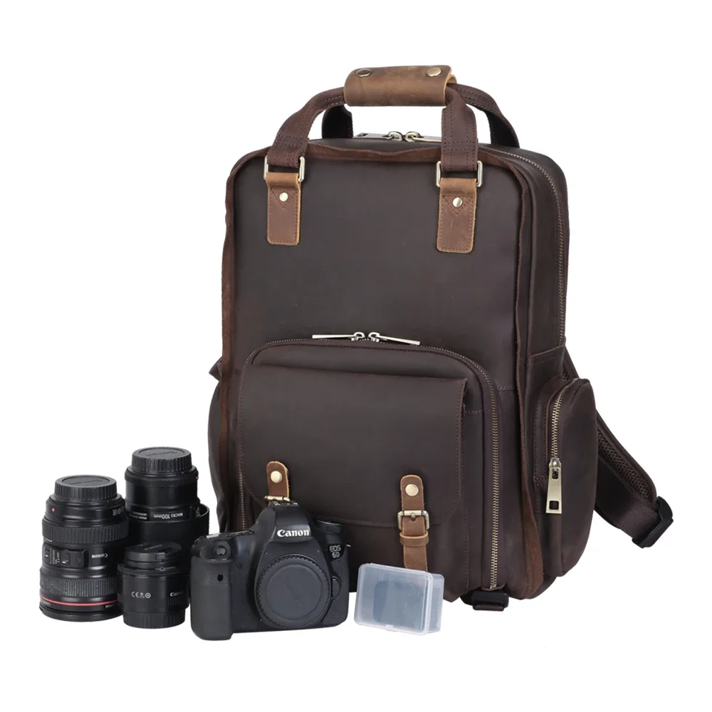 

Latest Design Customized Logo Hiking Travel Real Leather Camera Bag Genuine Leather Camera Backpack