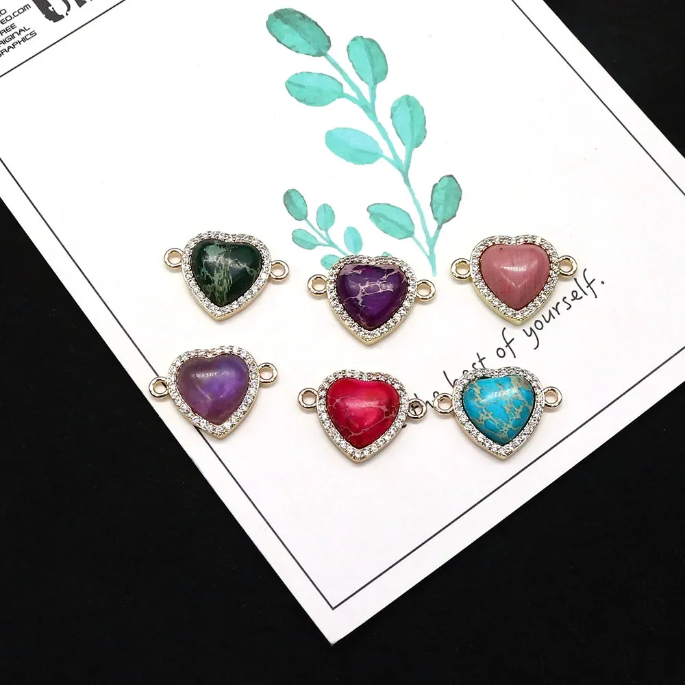 Light Luxury Natural Colorful Emperor Stone Polished Heart-Shaped Pendant Edging Glass Crystal Inlay Double Holes DIY Jewelry