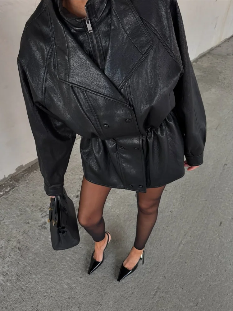 Retro Short Leather Jacket Women Black Chic Stand Collar Zipper Pocket Cinched-waist Jackets Lady Autumn Daily Highstreet Coat