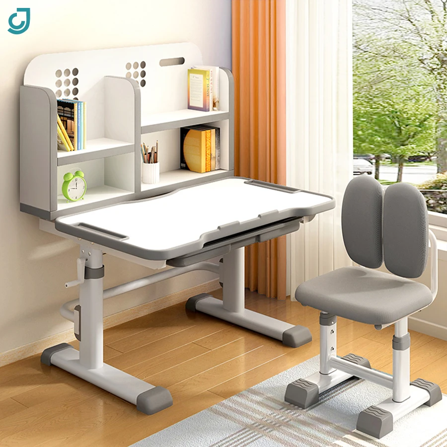 Adjustable Height Table and Chair Set for Household Children and Students with Bookshelves School Children's Study Desk
