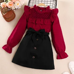 Kids Casual Clothing Sets for Girls Spring Autumn 2024 New Child Long Sleeve Ruffle Mesh Patch Tops Short Skirt Sets Clothing
