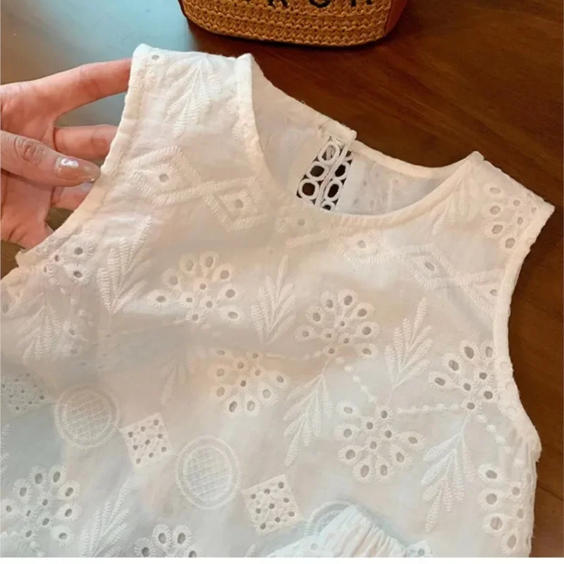 2024 Summer Children Baby Girl 2PC Clothes Set Cotton Hollow Lace Sleeveless Vest Elastic Waist Shorts Suit Toddler Girls Outfit