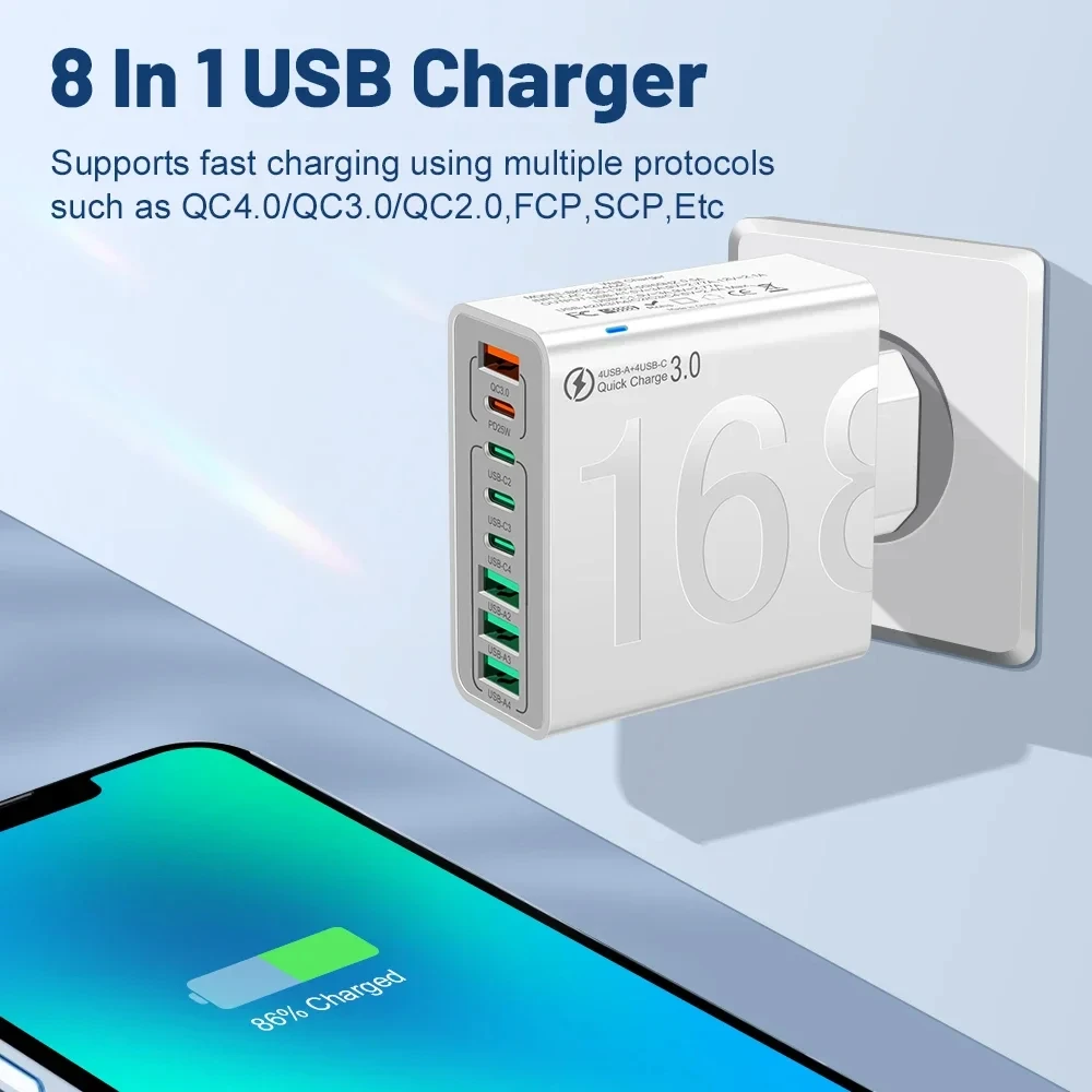 BK329-4A4C 8-Port USB PD شاحن 4USB-A + 4USB-C PD QC4.0 3.0 2.0 FCP شحن سريع الجدار مهايئ شاحن الاتحاد الأوروبي التوصيل للهواتف الذكية