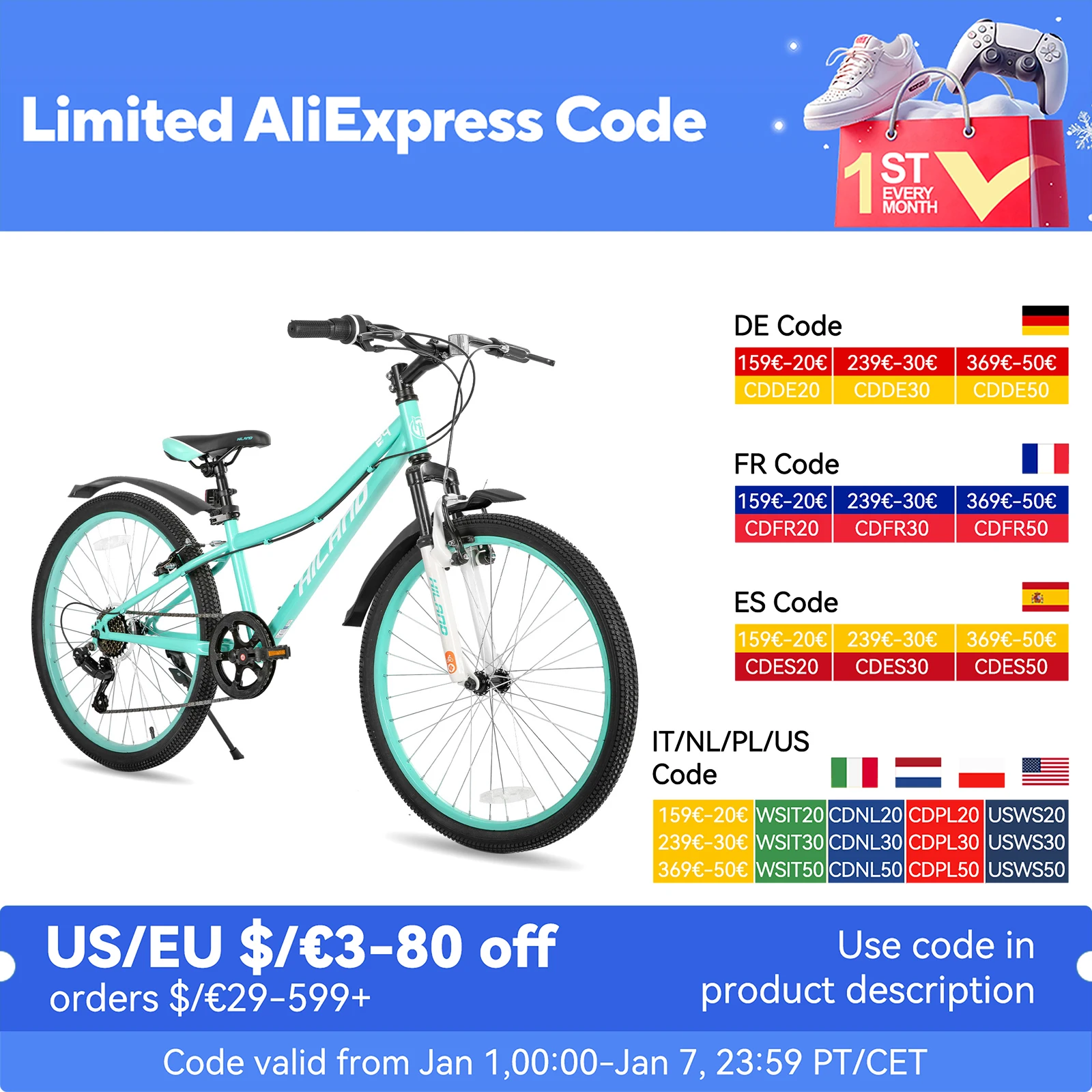 Hiland  24 Inch Mountain Bike for Kids Age 7,Front Suspension Fork Kids' Bicycles for Boys Girls Multiple Colors