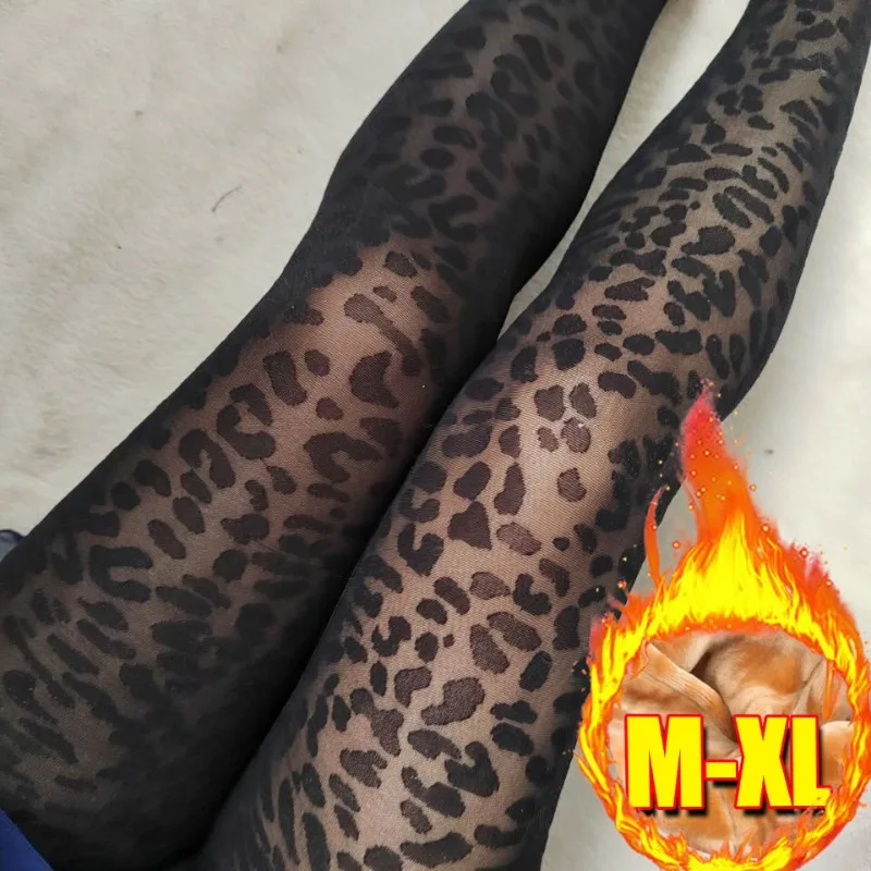 

Женские зимние термоколготки с леопардовым принтом, готические утепленные леггинсы больших размеров с высокой талией, тонкие плюшевые флисовые чулки, бесшовные колготки
