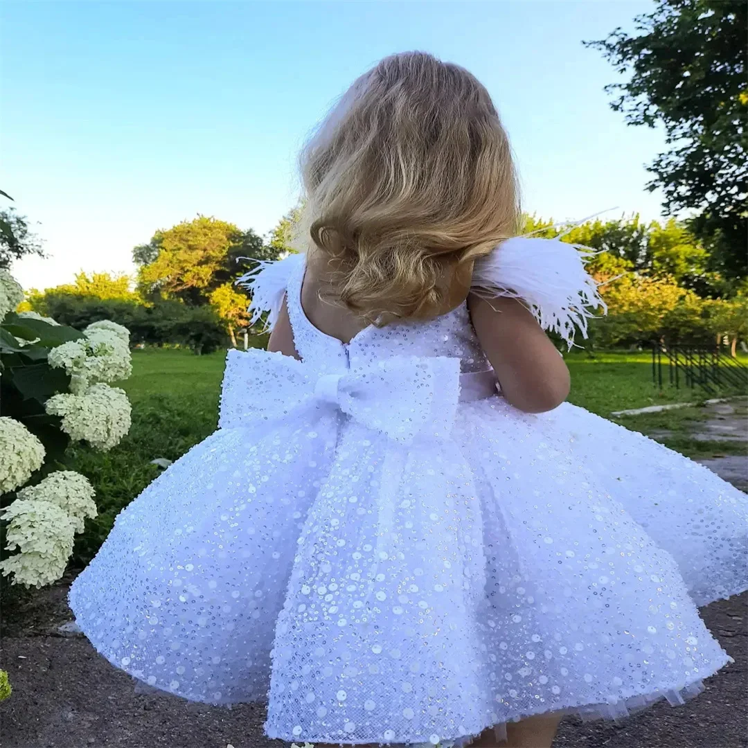 First Communion Dress for Girls Beads Feather with Bow Sparkly Glitter Evening Party Fluffy Skirt Ball Gown Tutu Kid