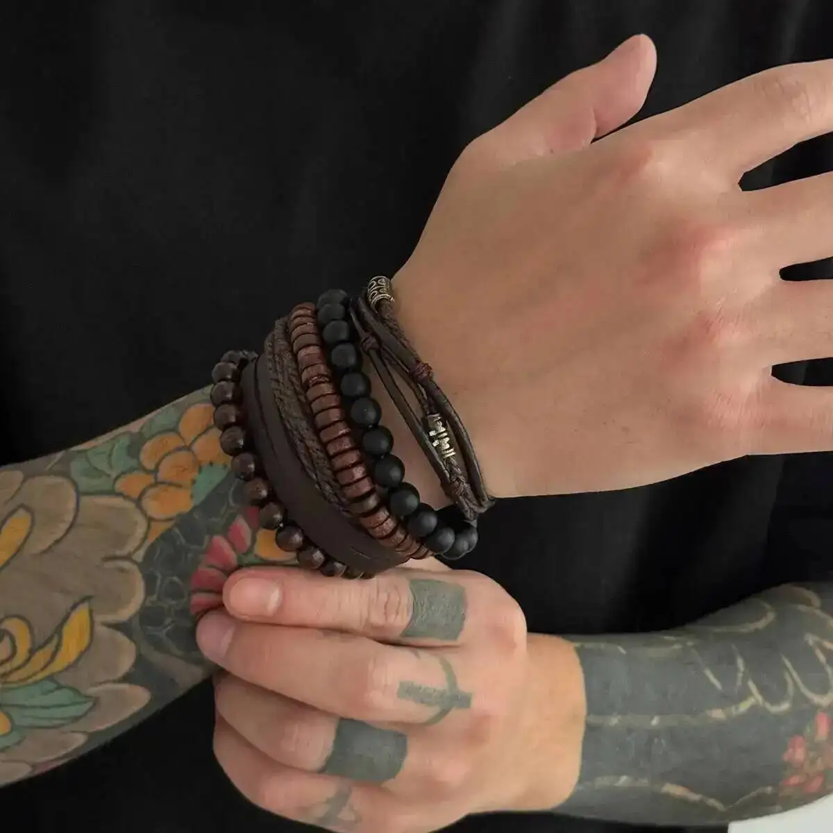 PuRui 5 Teile/satz Punk Vintage Leder Gewebte Armbänder für Männer 2026 Neue Mode Braun Holz Perlen Armband Armreif Täglichen schmuck