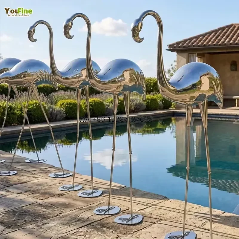 Wmwmnu Modern Stainless Steel Flamingo Sculpture Mirror Polished Outdoor Garden Pool Decor