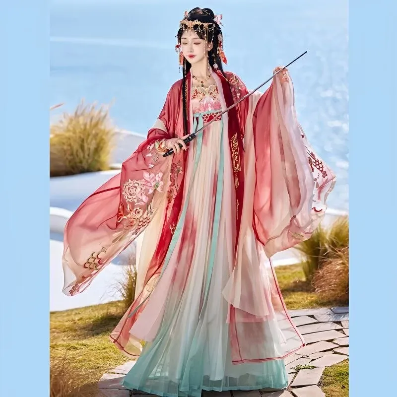 

Gradient Red Embroidered Hanfu Dress for Women Traditional Chinese Tang Dynasty Costume, Halloween Fairy Cosplay Costume