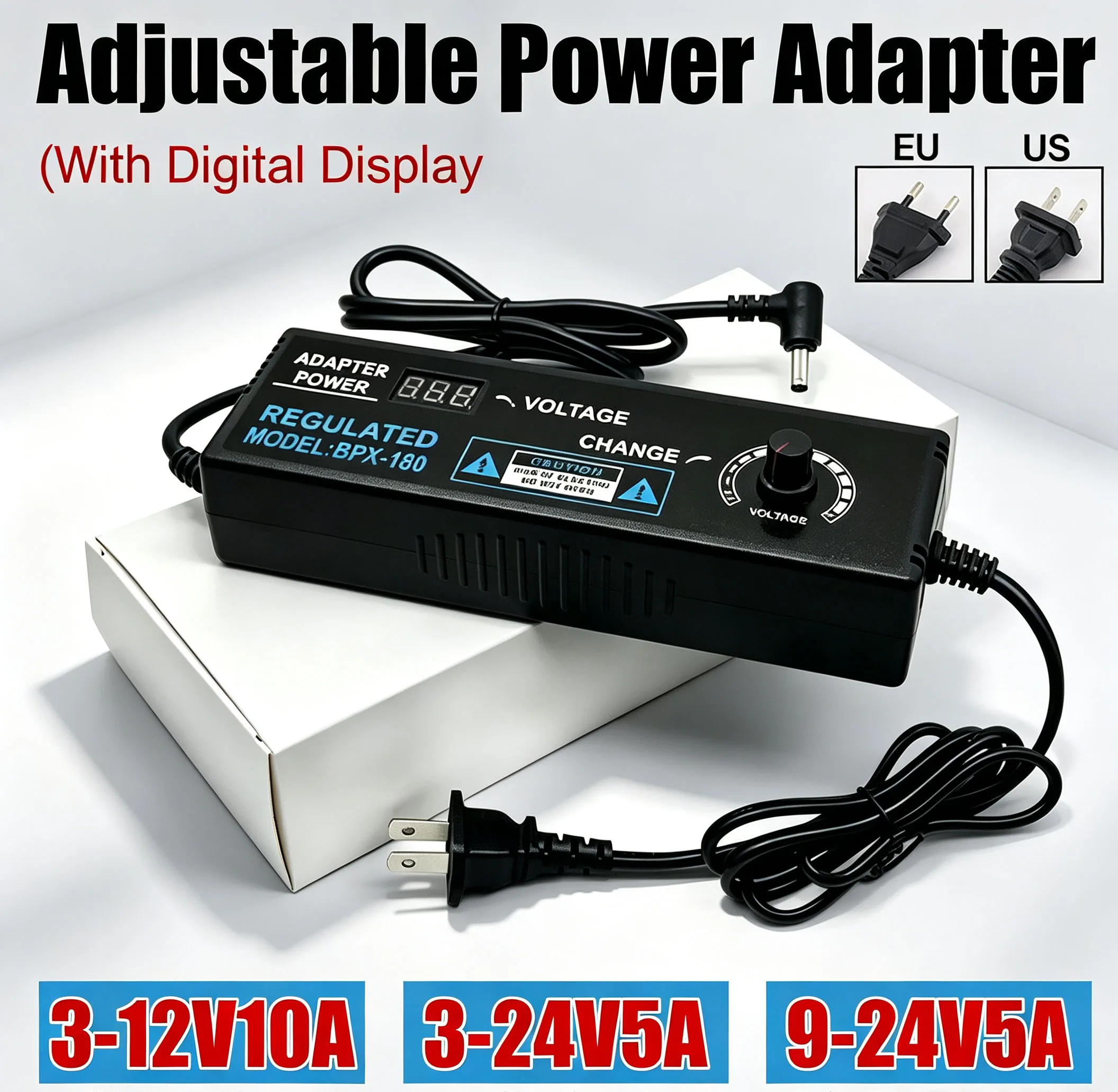 Universal Adapter 3-12V10A 3-24V5A 9-24V5A Adjustable Power Supply Adapter with Display Screen Voltage Regulated Converter EU US