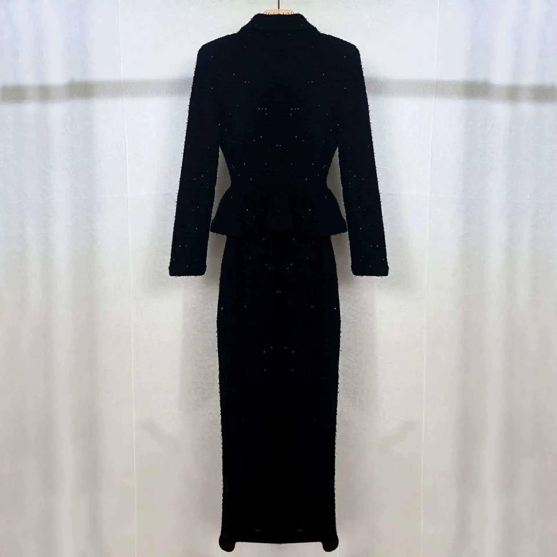 Luxury Quality Double Breasted Diamond Sequin Knitting Evening Dress Women Long Sleeve Peplum Midi Party Dresses Black Knitwear