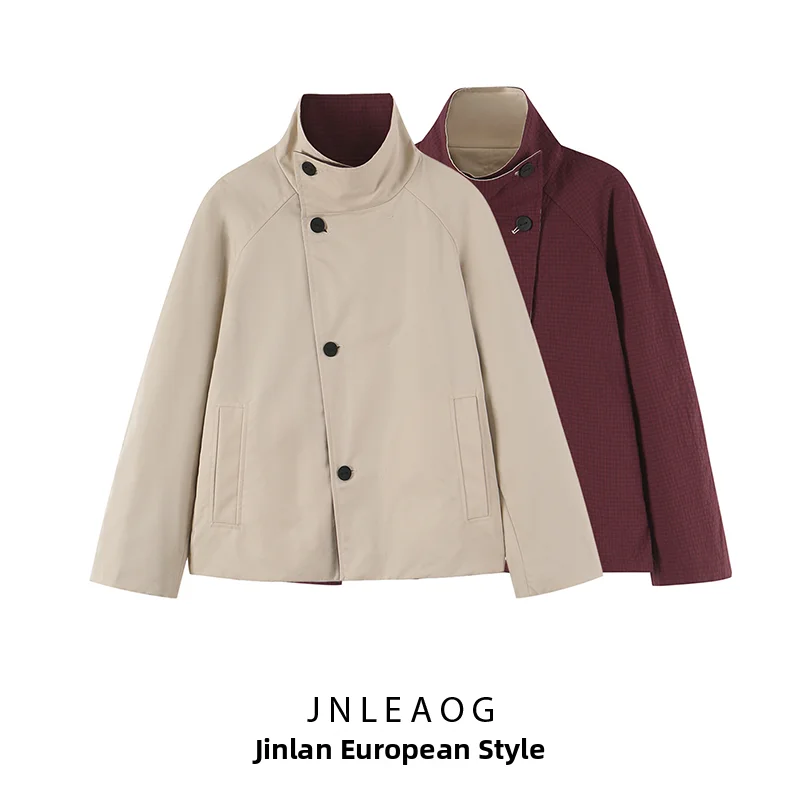 JNLEAOG Autumn New Women's Fashion Short Stand Collar Jacket Reversible Versatile Polyester Fiber Long Sleeve Button Closure