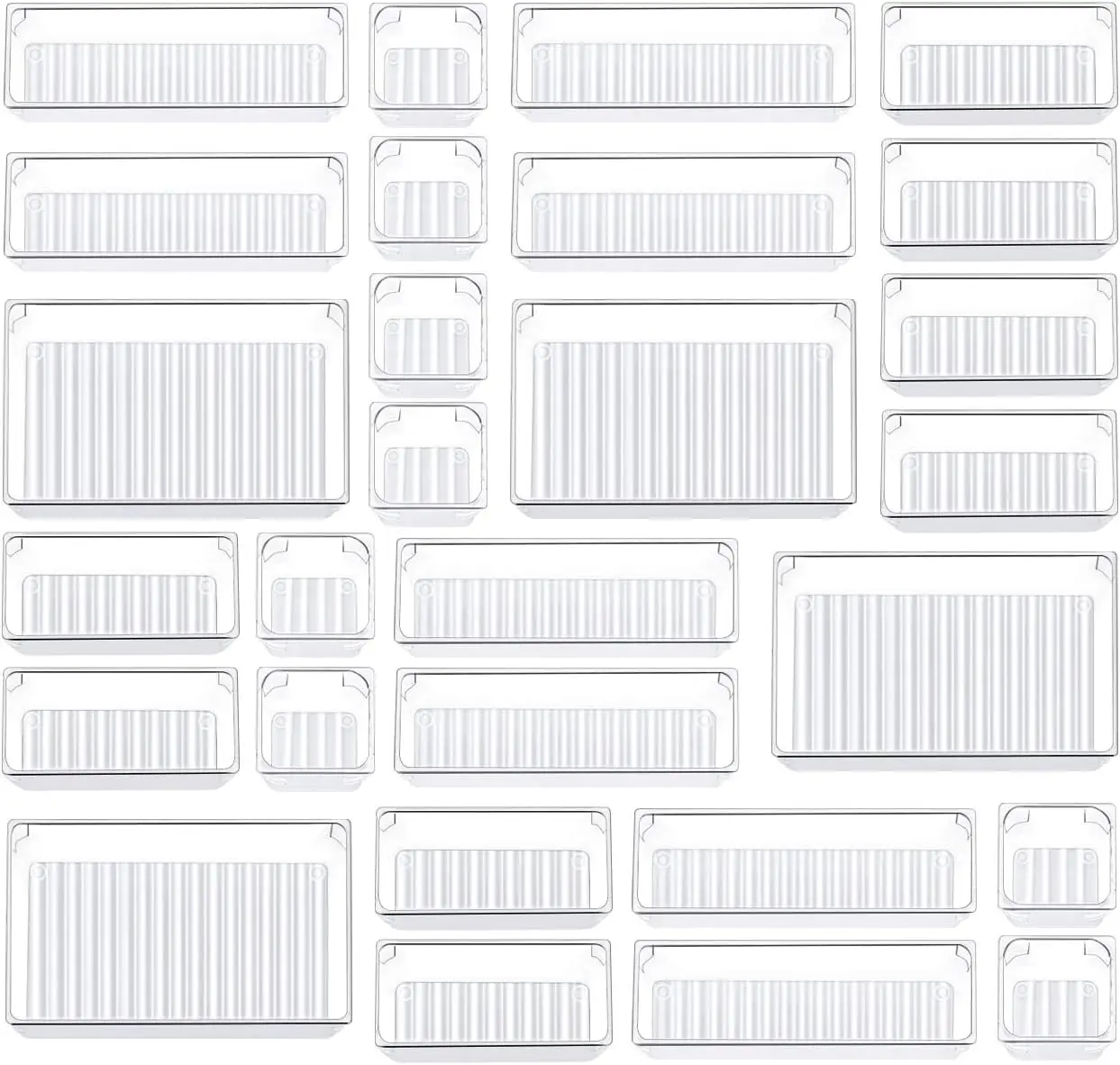 

Набор органайзеров для ящиков из 28 предметов, прозрачные пластиковые подносы для ванной комнаты, стола, кухни и офиса — 4 размера