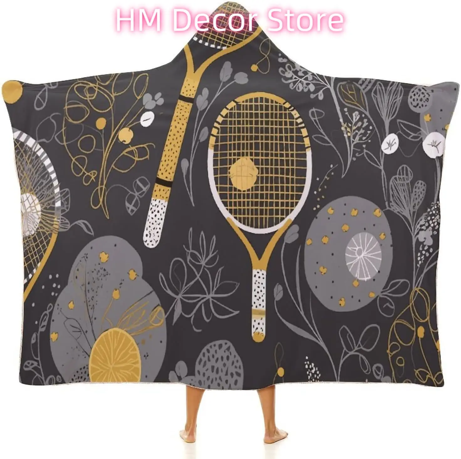 Funny Tennis Racquets and Tennis Balls Wearable Hooded Blanket, Ultra Soft Arctic Velvet Cape Cloak Unisex - Cozy Wearable Blank