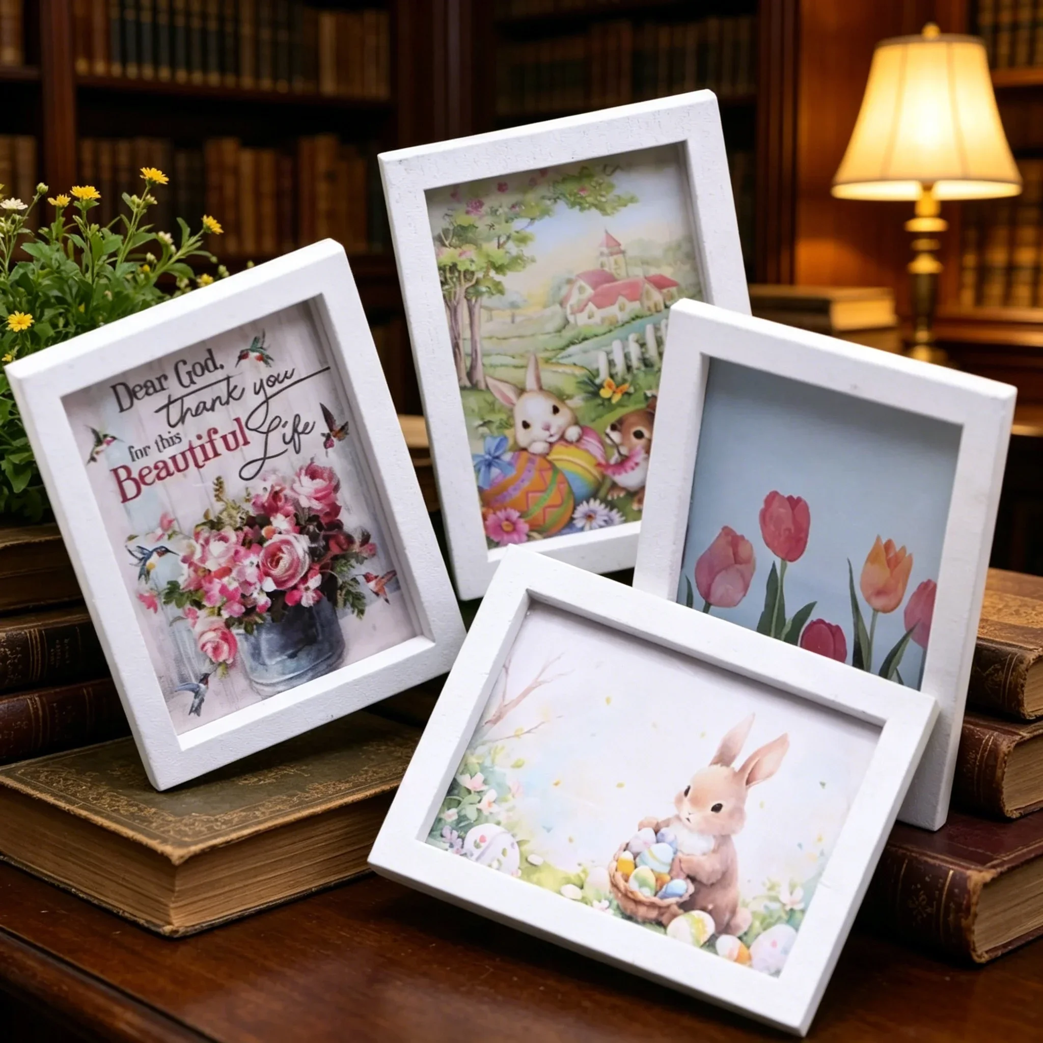 4Pcs/Set 1/12 Scale Dollhouse Mini Easter Bunny Framed Pictures, Tiny Wall Art for Doll Home Room Decor Accessories