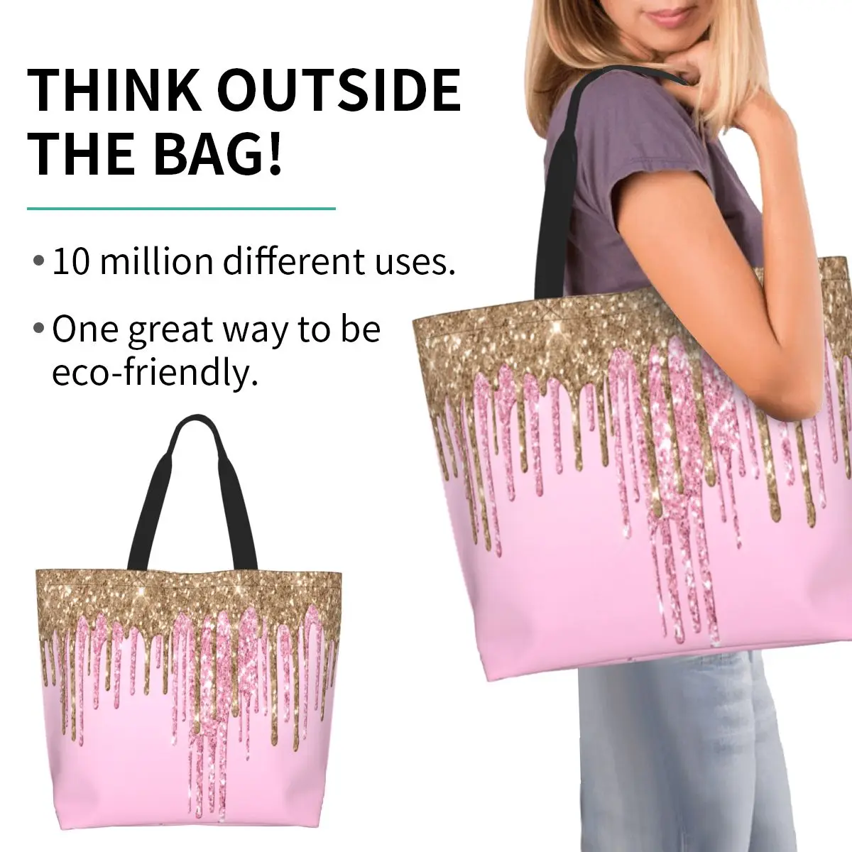 Black And Gold Glitter Pattern Shopping Tote Bag Canvas Large Capacity Shoulder Bags Shopper Grocery Handbag for Women