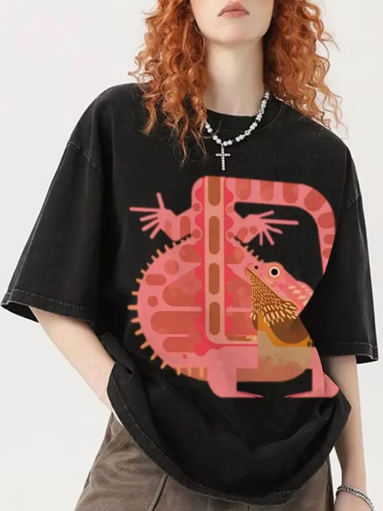 

Cartoon Y2k Abstract Snake Print T-Shirt Pure Cotton Retro Washed Round Neck Loose Oversize High Quality Trend New Short Sleeves
