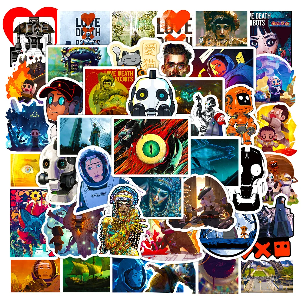 50 Stück animierte Cartoon-Aufkleber „Love, Death & Robots“ zum Selbermachen für Telefon, Laptop, Gepäck, Skateboard, Graffiti, lustiges Geschenk