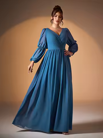 Mgiacyv-neck pearl chiffon double lantern long-sleeved grand swing high-end evening dress