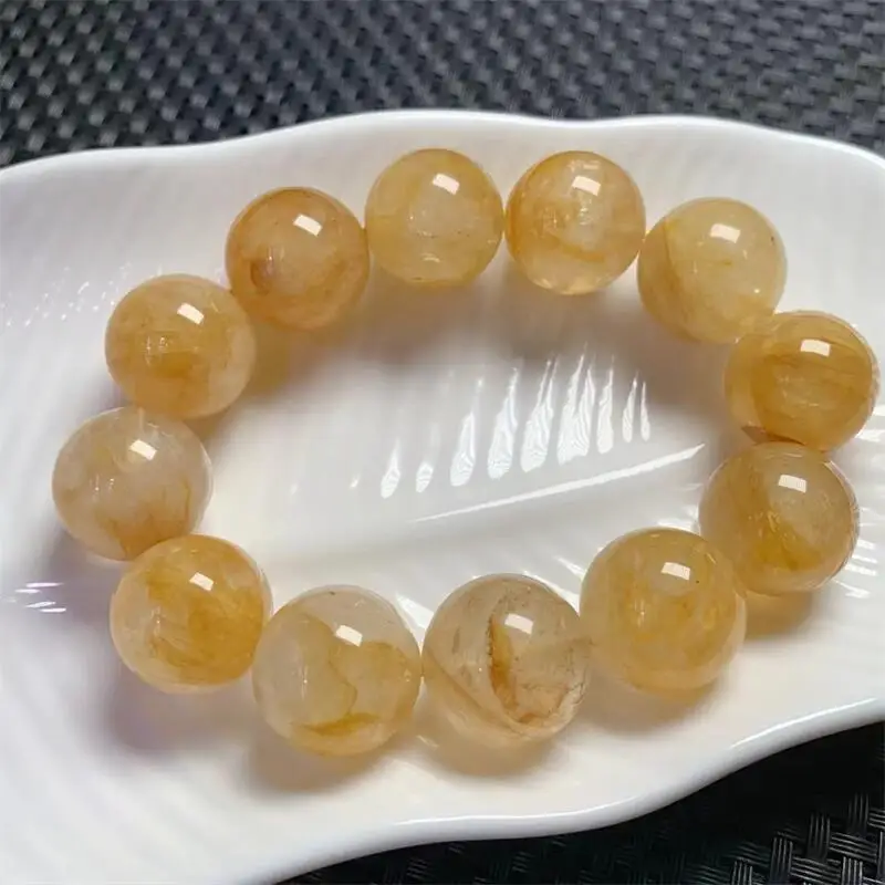 19MM Natural Yellow Fire Quartz Hematoid Bracelet Gemstone Round Bead Crystal Healing Gemstone Bracelet Jewelry Gift 1PCS