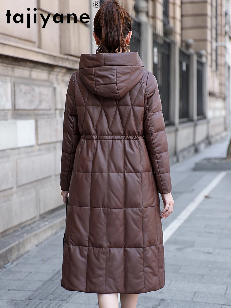 TAJIYANE chaqueta acolchada de piel de oveja auténtica para mujer, abrigos largos y ajustados con capucha de plumas de ganso, chaquetas de cuero genuino de lujo, ropa de mujer 2025