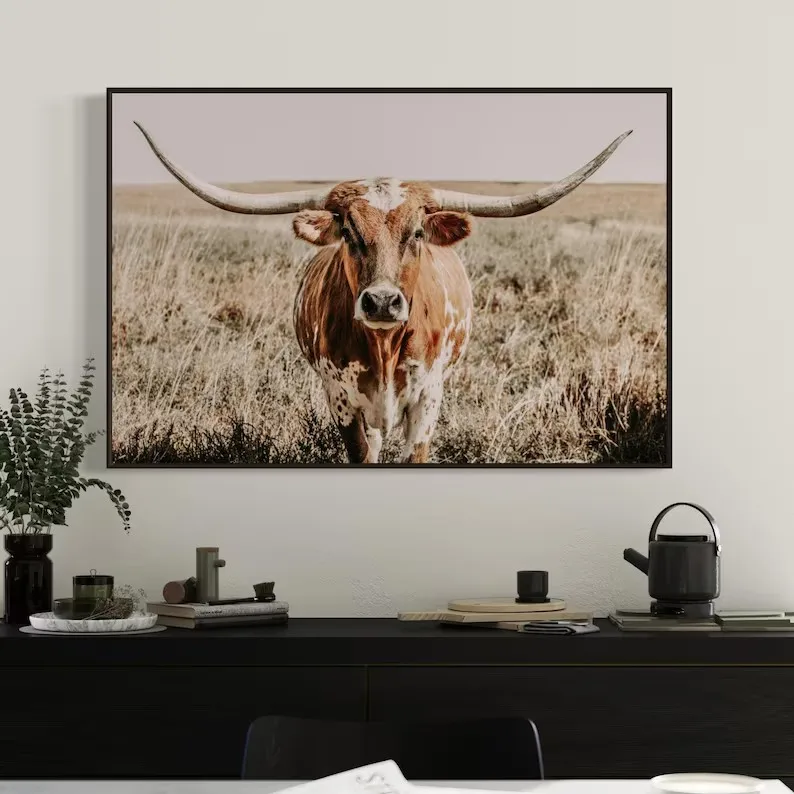 Western Texas Longhorn Cow Wild Animals Nature Landscape Retro Poster Canvas Painting Wall Art Pictures Home Farmhouse Decor