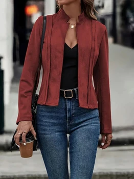 Women's Suede Cropped Jacket Stand Collar Open Front Short Coat With Pleated Detail For Autumn Winter Casual Wear 5