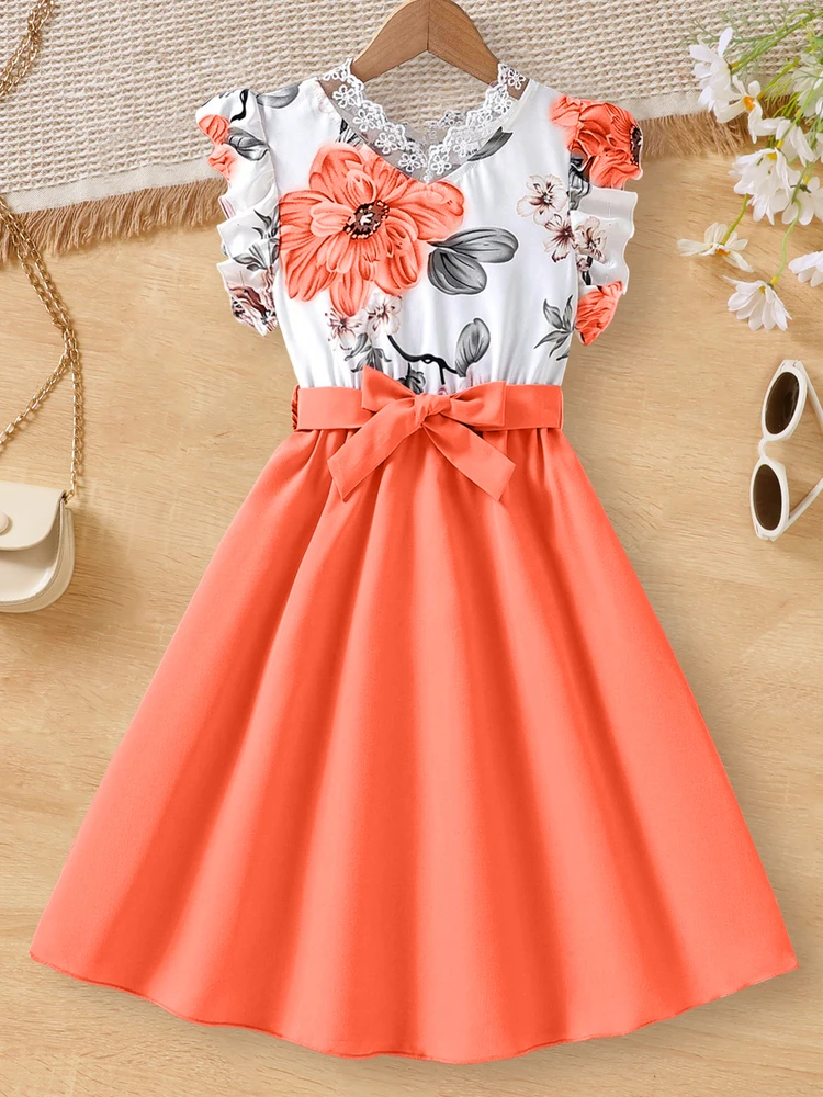 Girls Charming Floral Ruffle Dress - Delicate Neckline, Flutter Sleeves, Summer Elegant Outfit for Stylish Adventures