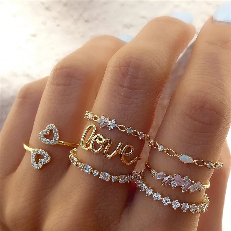 Boho Zircon Rings Set Gold Color Bohemia Crystal Letter Love Heart Moon Arrow Flower Ring for Women Lovers Wedding Jewelry Gifts