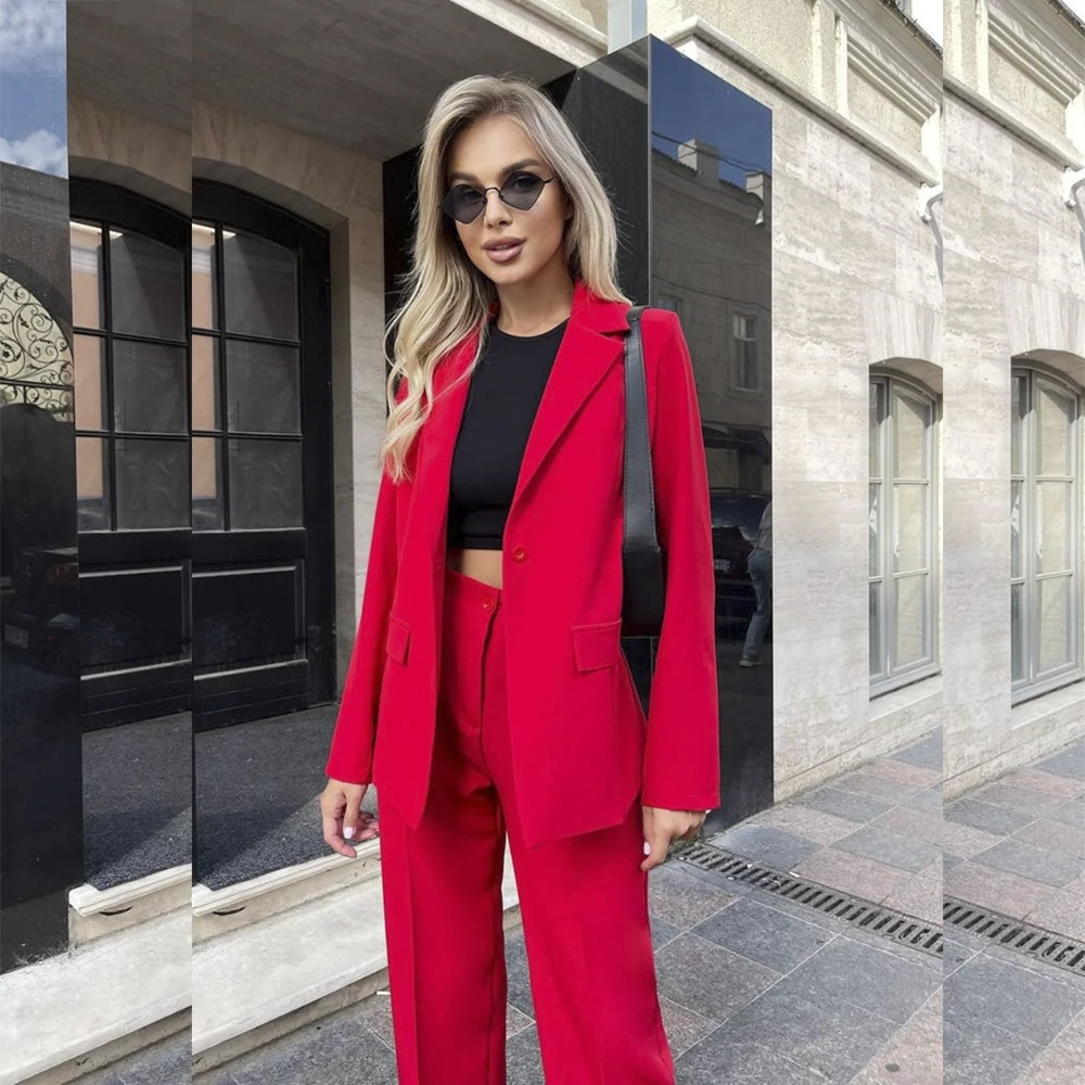 Abiti da donna rossi di alta qualità Blazer 2025 Moda con un bottone risvolto slim fit 2 pezzi giacca pantaloni abiti per ufficio signora
