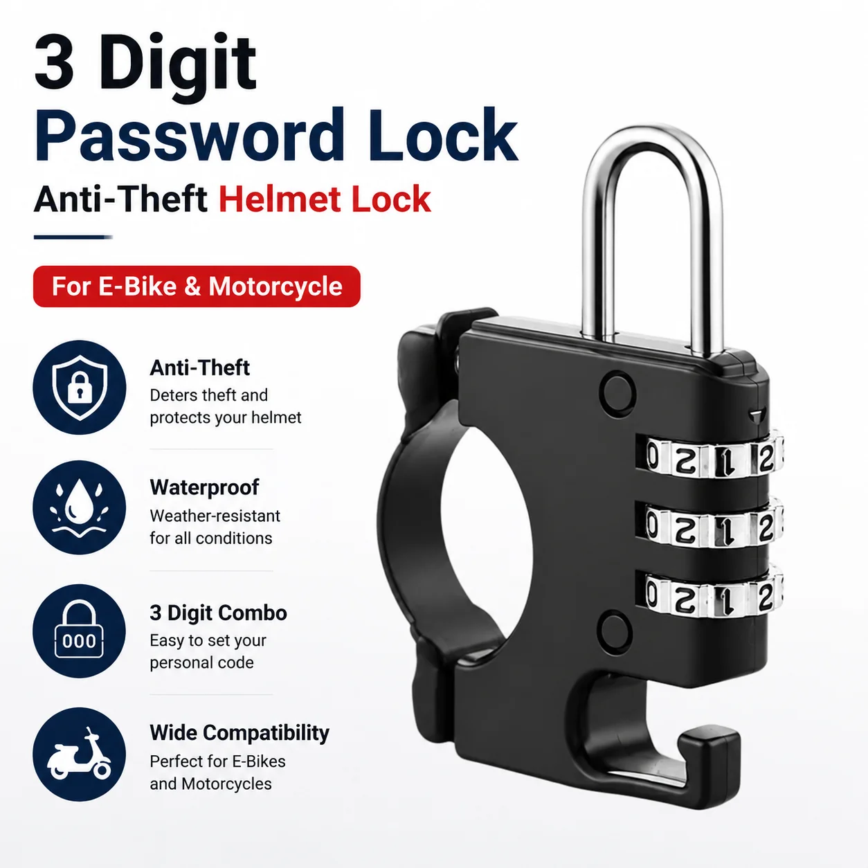 1 Pc Electric Bike Anti-Theft Combination Lock Durable Helmet Lock with Convenient Hook for Bicycle Security