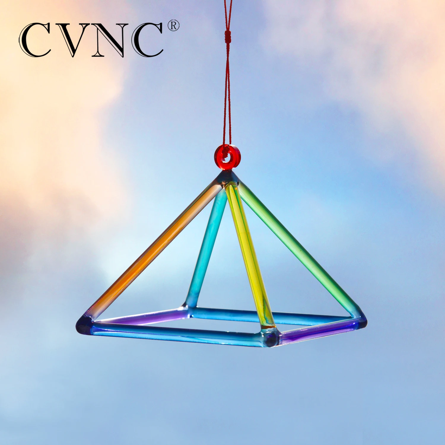 CVNC 6 Inch Colored Rainbow Quartz Crystal Singing Pyramid for Sound Healing and Meditation with Free Mallet