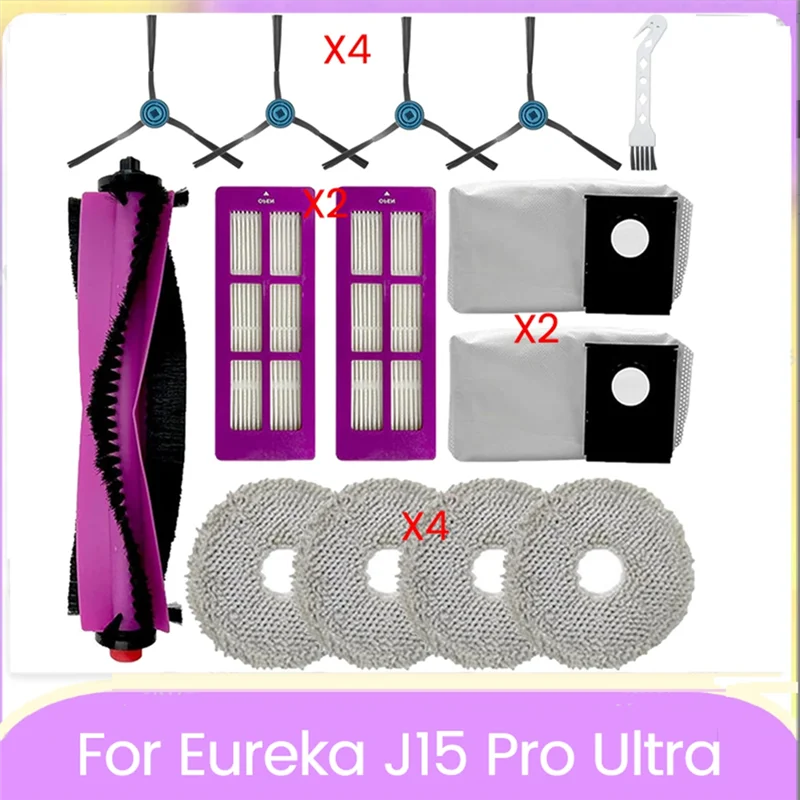 

Classy-14PCS Main Side Brush Filter Mop Cloth Dust Bag Replacement For Eureka J15 Pro Ultra Robot Vacuum Cleaner Accessories