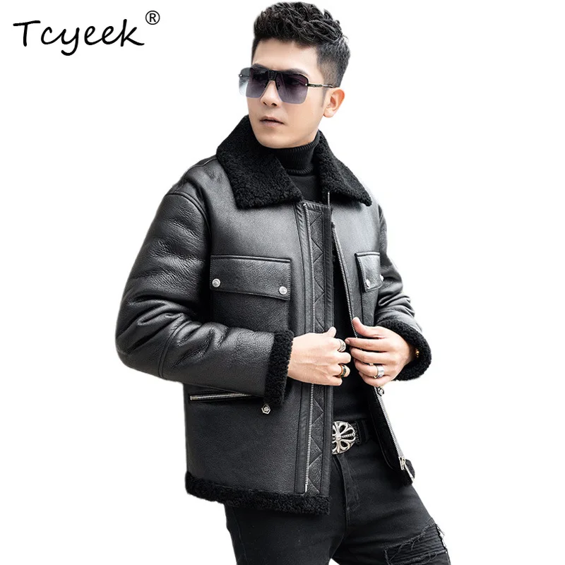 Tcyeek Natural Sheep Fur Coat Genuine Leather Jacket Men Warm Winter Clothes Lamb Wool Real Fur Coats Male Chic Mех Натуральный
