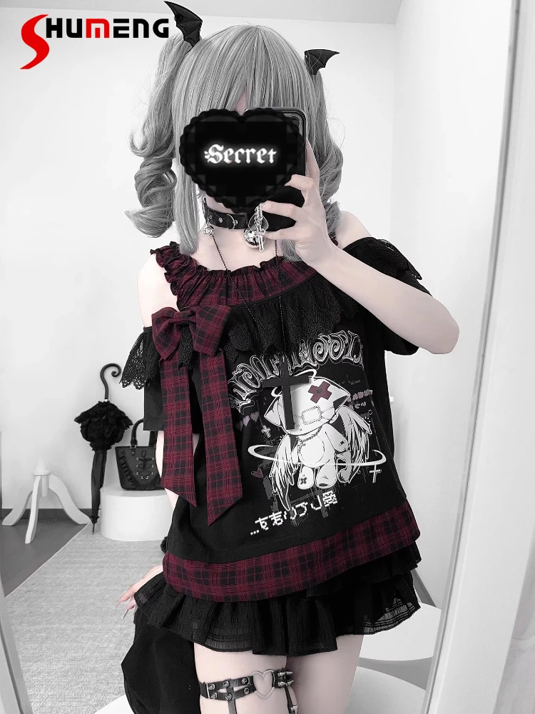 

Original Subculture Y2K Print Short Sleeves Off-the-shoulder Top Summer New 2025 Girls Sweet Cool Kawaii T-shirt Women Clothing
