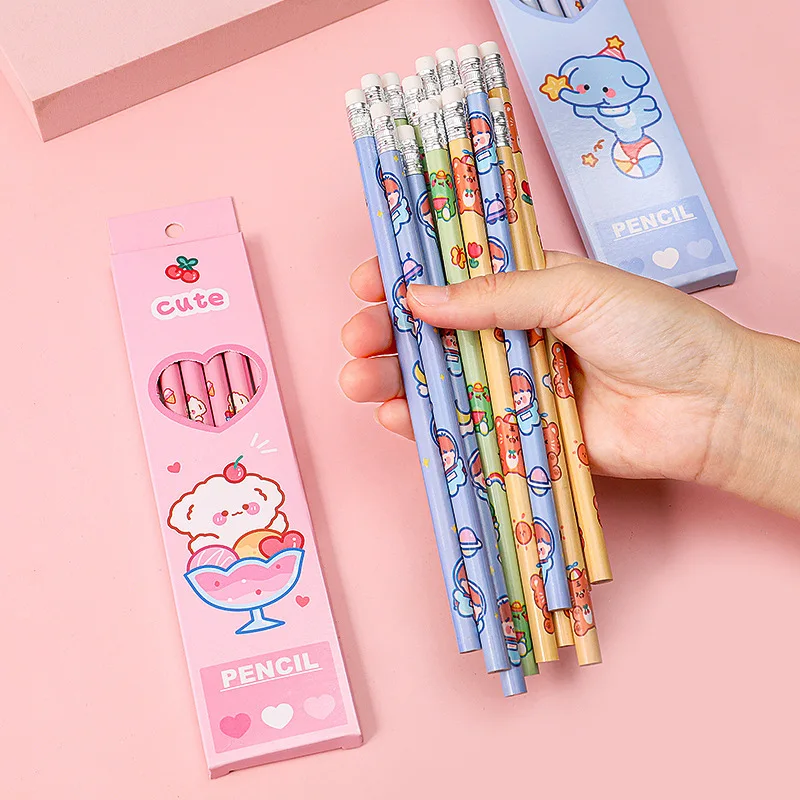 6PCS/SET Cartoon Cute Graphite Animation Pencil HB Kawaii Children's Sketch Pencil With Rubber Student Stationery Writing Pencil