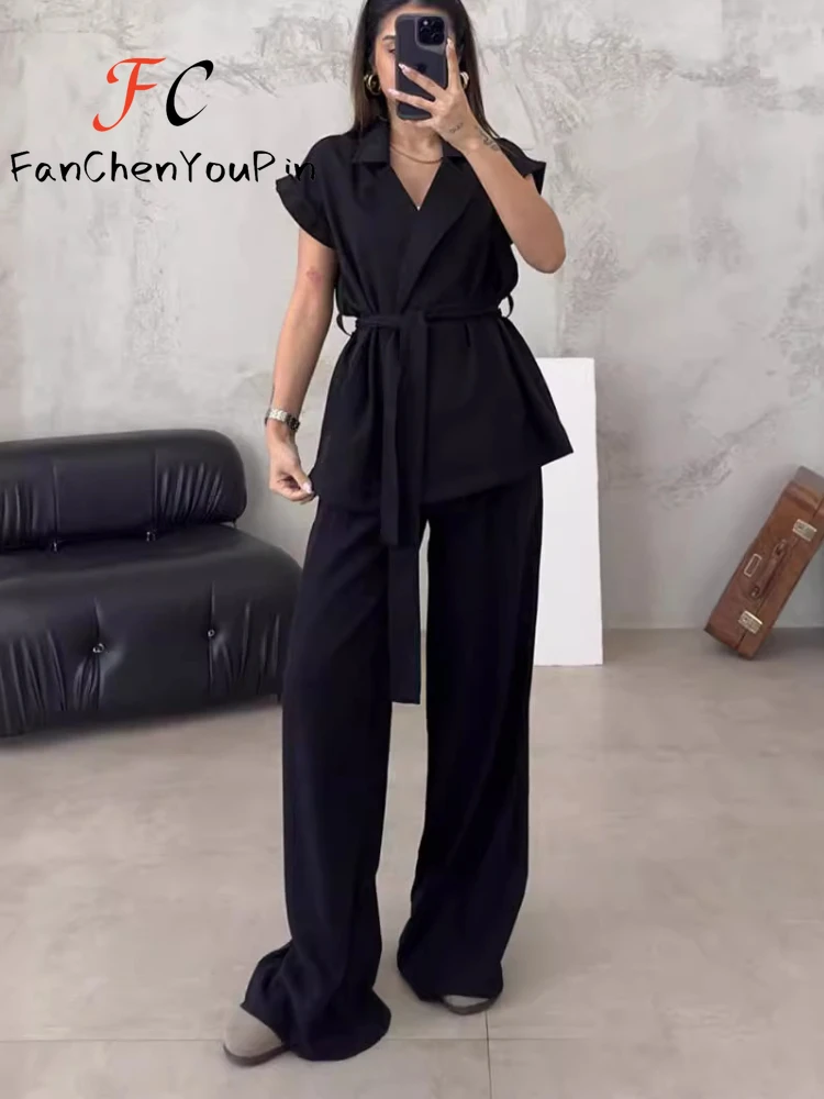 2024 Women's Pant Set Fashion Casual Sleeveless Loose Lace-up Cardigan Top Elegant Vintage High Waist Wide Leg Trousers 2-piece