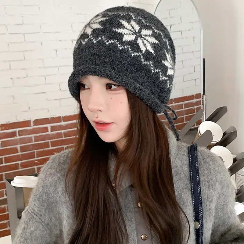 Snowflake Floral Jacquard Knit Beanie Adjustable Drawstring Roll Brim Hat Vintage Ethnic Soft Warm Autumn Winter Casual Headwear