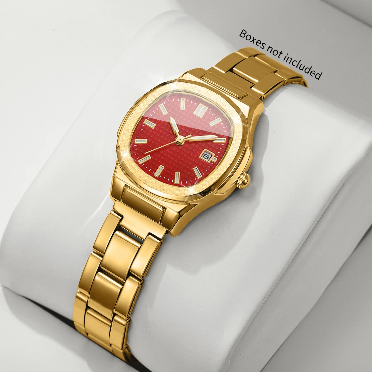 Fashion Red Grid Dial Women Calendar Watch Stainless Steel Strap Business Quartz Wristwatches Relogio Feminino (Without Box)