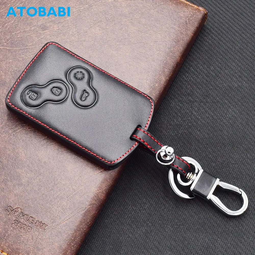 ATOBABI Skórzane etui na kluczyki samochodowe do Renault Clio Captur Fluence Megane 3 Scenic Laguna Koleos Symbol 4 przyciski Smart Remote Cover
