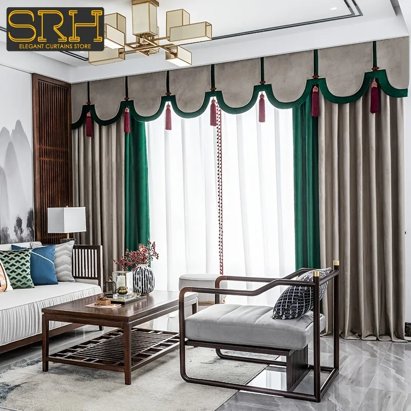 

New Chinese Flannel Curtains for Living Room Bedroom Solid Color Splicing Set Blackout Window Decor Valance Custom White Tulle