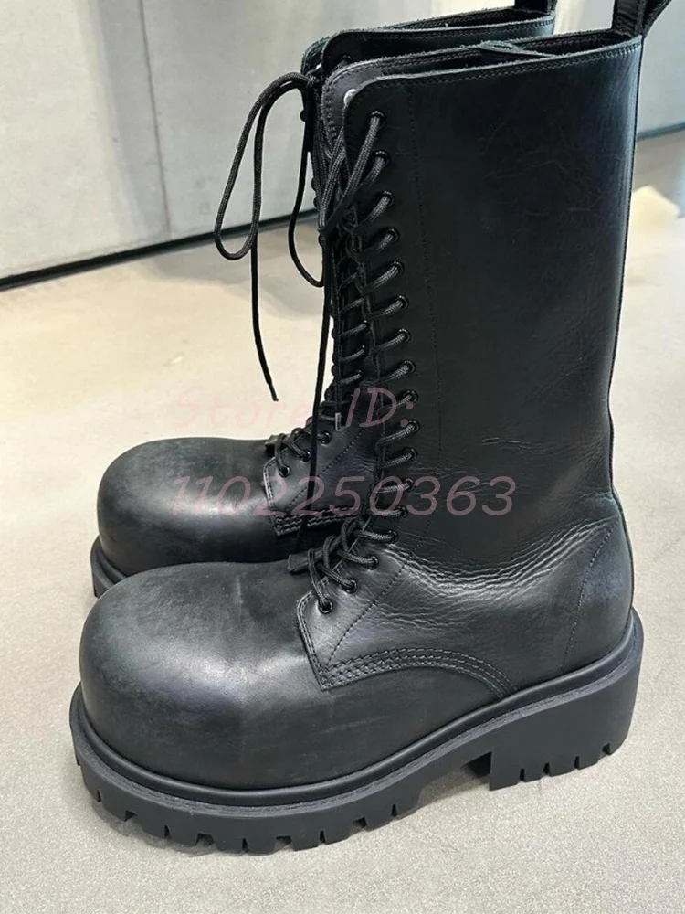 Super Cool Big Toe Mid-calf Boots Unisex Style Chunky Heel Heightening Thick Tole Shoes Black Women Lace-up Work Boots 2024