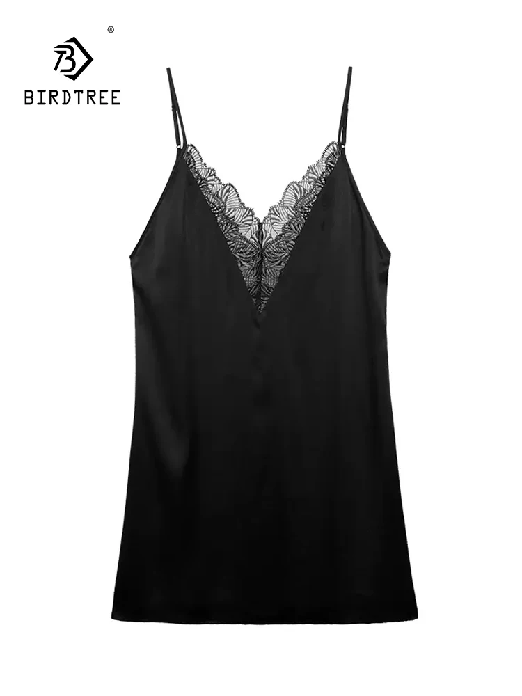 BirdTree, 93%Real Silk Pajama Dress, Women Spaghetti Strap Lace, Deep V Sexy Flirt Backless Nightgown, 2024 Summer New P43017QC