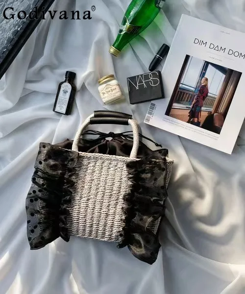 

Милая милая японская стильная новая милая милая кружевная тканая сумка в горошек с рюшами, модная универсальная сумка для женщин