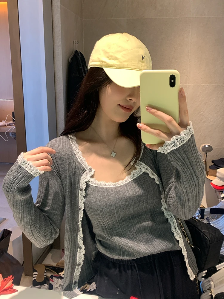 

Комплект: вязаный кардиган большого размера NAZ с кружевной отделкой, модная повседневная одежда из смесовой шерсти для полных женщин, милый стиль, весна-лето