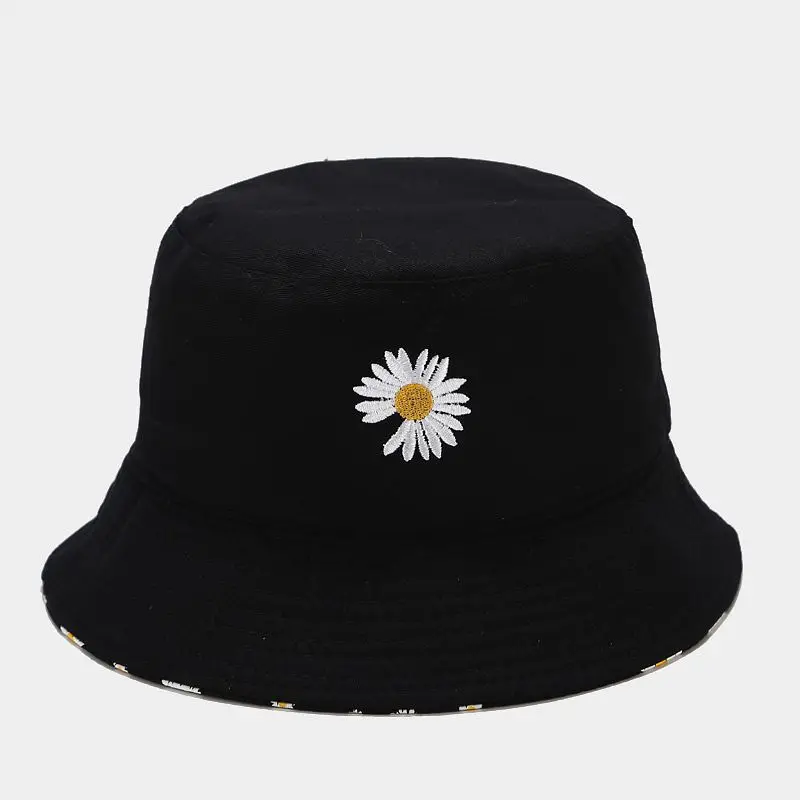 Popular Korean Daisy Embroidery Bucket Hat For Women Tropical Flower Print Double-Side Beach Panama Bob Caps Fisherman Sun Hat