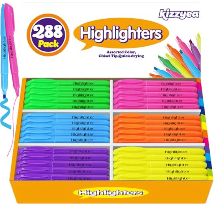 

288 Pack Highlighters in 6 Assorted Colors Chisel Tip Dry-Quickly Highlighters Bulk No Bleed Highlighter Markers for Adult Offi