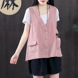 Sleeveless Vest for Women Tops Cotton Linen Solid Casual Loose Tanks V-neck Single Breasted Korean Style Cardigan Women Clothing