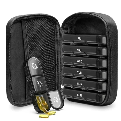 PU 가죽 케이스가 있는 주간 알약 정리함, 비타민 약 어유 보관용, 하루 3 회 방습 알약 상자, 21 그리드 